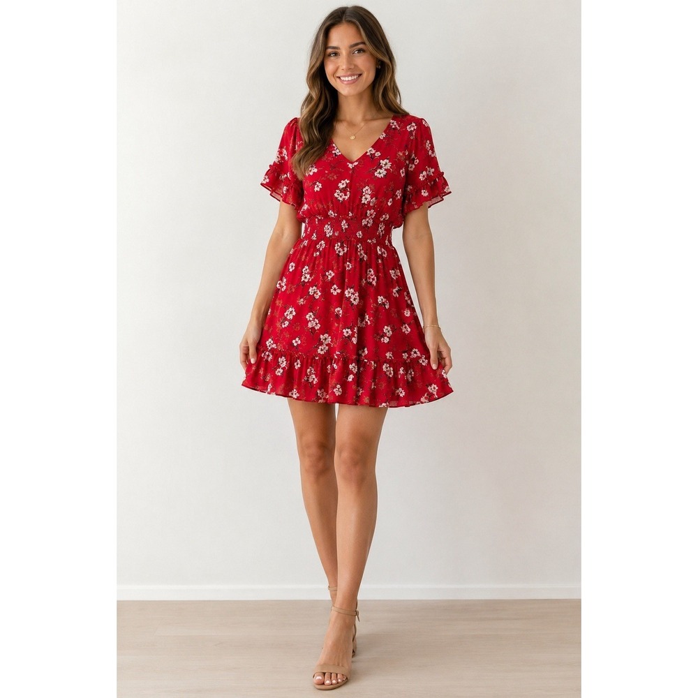 Indigo Rose Dress Large Red Floral Mini Smocked Waist Ruffle Sheer Sleeves